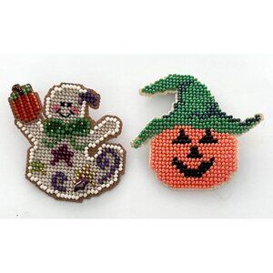 Vintage Handmade Halloween Beaded Seed Bead Sewing Ghost Pumpkin Brooch Pins Pin